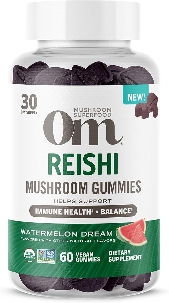 OM MUSHROOM SUPERFOOD Reishi Gummies – USA Grown Organic Mushrooms – Supports Immune Health, Balance & Stress Relief – Watermelon Dream Flavour – 30 Servings, 60 Count.