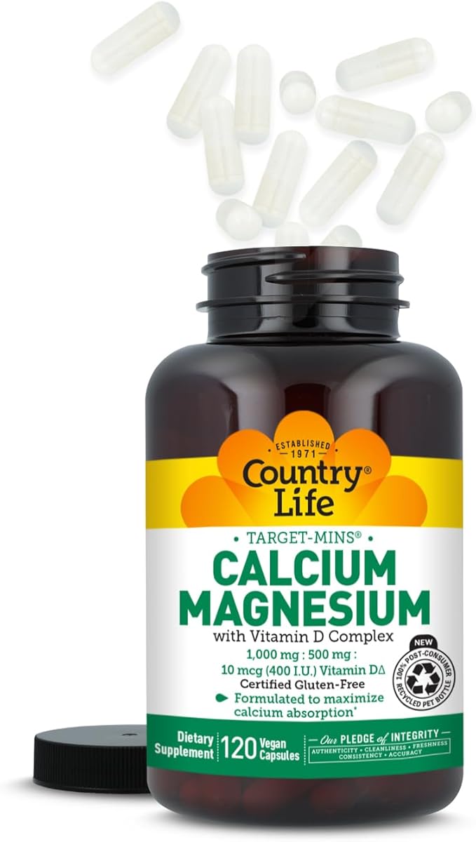 Country Life Target-Mins Calcium Magnesium with Vitamin D-Complex, 1000mg/500mg/10mcg, 120 Vegan Capsules, Certified Gluten Free, Certified Vegan, Verified Non-GMO Verified