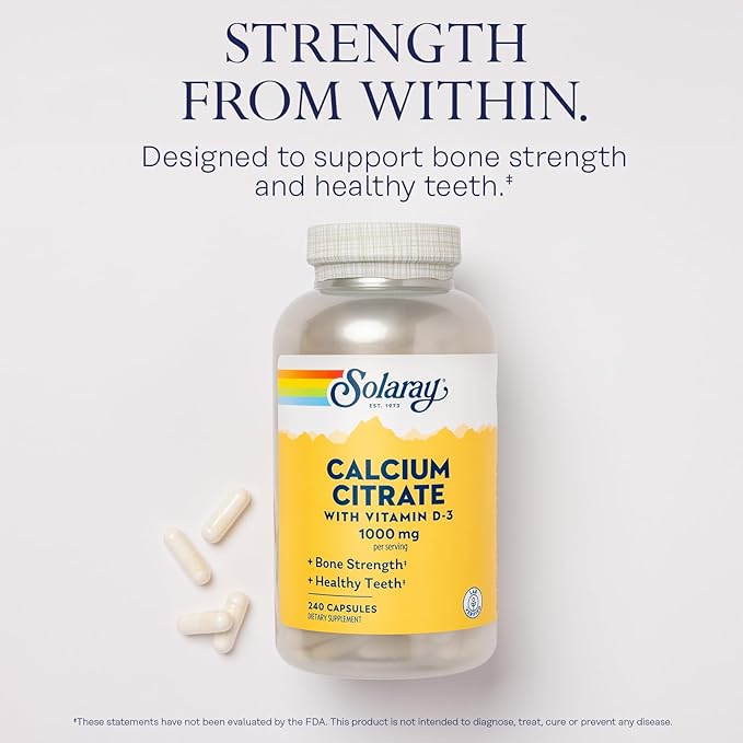 Solaray Calcium Citrate with Vitamin D3 1000mg - Bone Strength and Healthy Teeth Support - Gentle Digestion Formula - Lab Verified, 60-Day Guarantee - 60 Servings, 240 Capsules