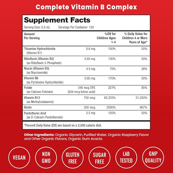 NutraChamps Vitamin B Complex for Kids, B1, B2, B3, B6, B7, B9 & Methyl B12, Kids B Complex Liquid Drops Supplement, Energy, Focus, Metabolism, Natural Berry, 120 Servings, 4 Month Supply (Pack of 2)