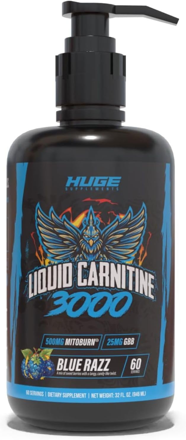 Huge Supplements Liquid L-Carnitine 3000, Superior Potency Infused with 500mg MitoBurn & 25mg GBB, Premium Stim-Free Thermogenic Fat Burner & Energy Boost, Convenient Pump Top, 32 Oz (60 Servings)