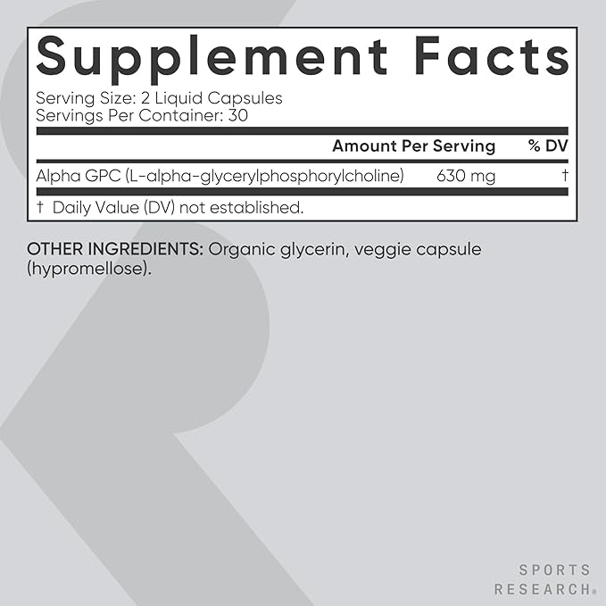 Sports Research® Alpha GPC 630mg (Extra Strength) - Bioavailable Source of Choline - Focus & Cognitive Support for Women & Men - Vegan Certified · Non-GMO · Gluten Free - 60 Liquid Capsules