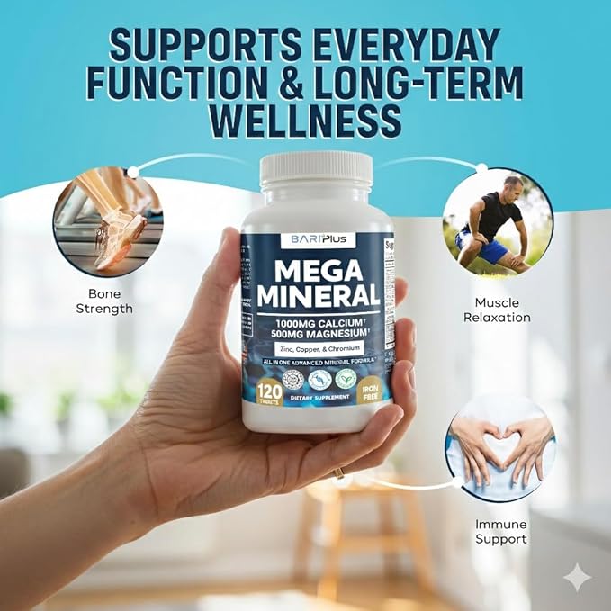 Mega Mineral – Complete Complex with Vitamin D, Calcium, Magnesium, Zinc, Potassium, Boron, Selenium, Chromium & Trace Minerals – Iron-Free – USA Made -Halal (120 Tablets)