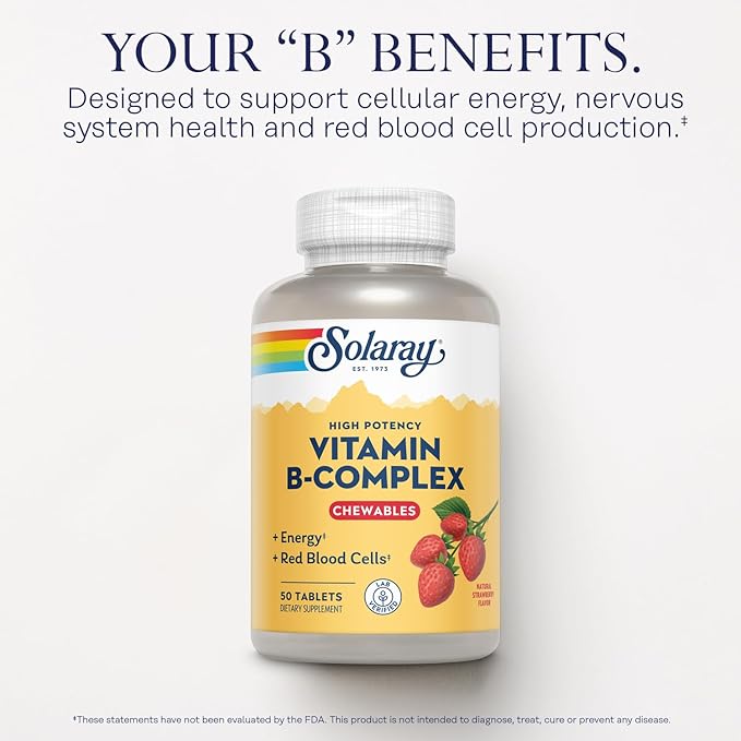 SOLARAY Vitamin B-Complex Chewables, Strawberry, Healthy Energy, Red Blood Cell, Stress & Metabolism Support, 50 Tablets