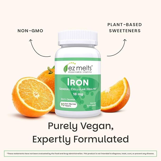 EZ Melts Iron - Supplement for Daily Energy & Iron Support - with Vitamin C - No Artificial Flavors - Non-GMO & Vegan - Zesty Orange - 180 Dissolvable Tablets (180 Servings)