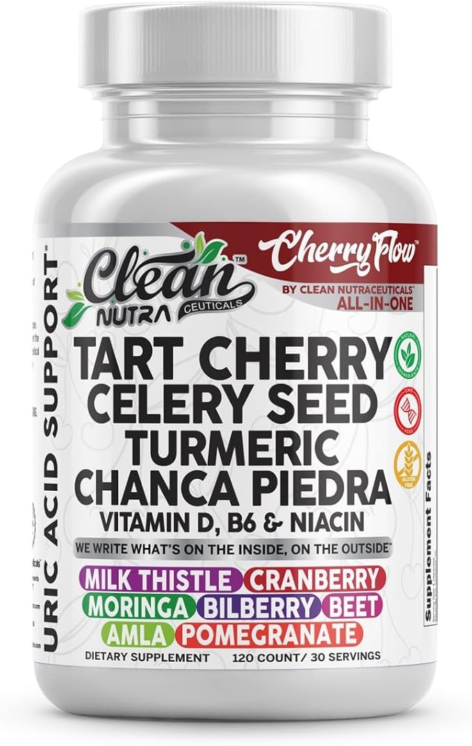 Cherry Flow Tart Cherry Capsules Uric Acid Support Celery Seed Turmeric Chanca Piedra Vitamin D Vitamin B6 Niacin Milk Thistle Moringa Extract Pomegranate Beets 90 Count By Clean Nutra