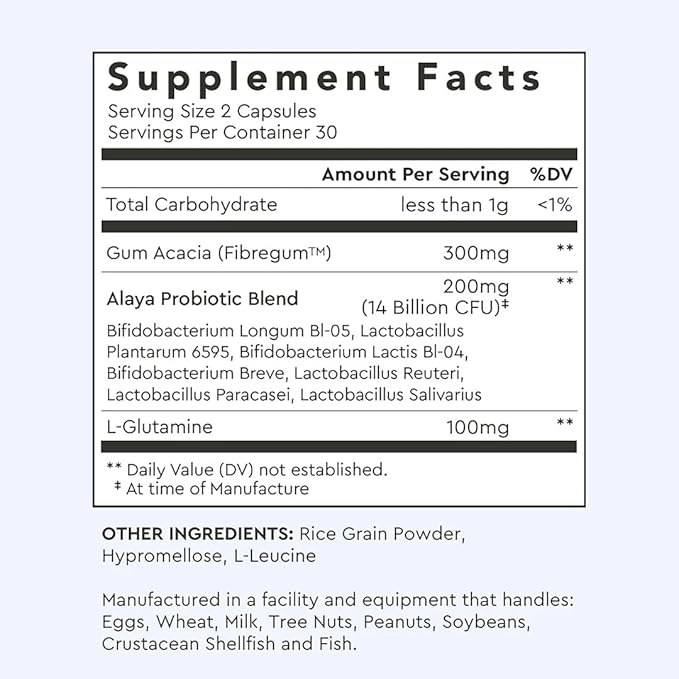 Alaya Naturals Advanced Synbiotic - Probiotic + Prebiotic - 14 Billion CFU Delayed Release Probiotic Supplement with Prebiotics from Sunfiber®, and L-glutamine for Gut Lining Integrity - 60 Capsules