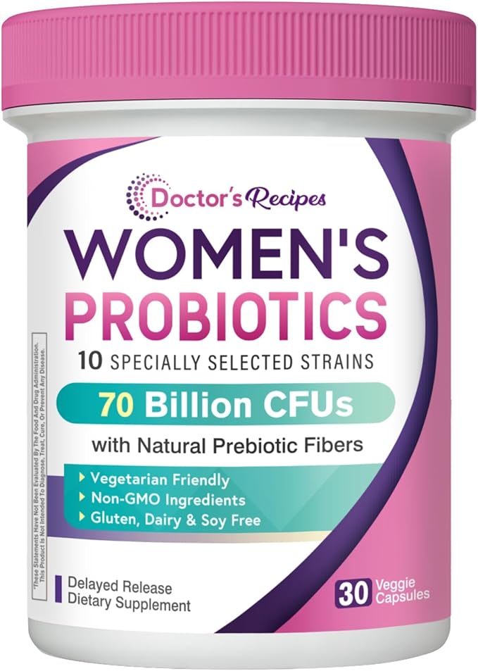 Doctor's Recipes Probiotics for Women, Organic Prebiotics and Probiotics, 70 Billion CFU, 10 Strains, Shelf Stable, 30 Capsules