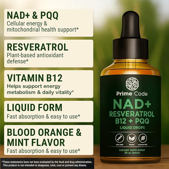 Prime Code NAD+ Liquid Drops with Resveratrol, Vitamin B12 & PQQ – Advanced Cellular Energy & Antioxidant Support – Vegan, Non-GMO, Gluten Free – Fast Absorption Supplement for Men & Women, 2 fl oz