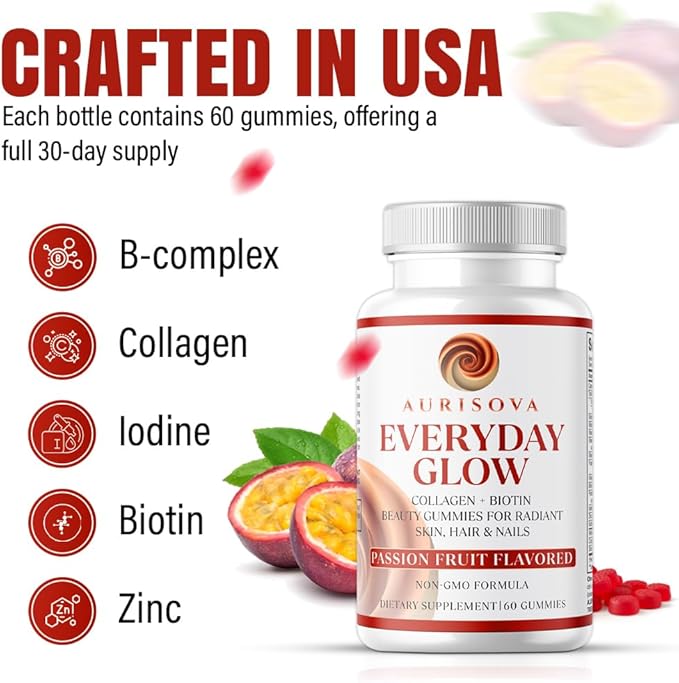 Everyday Glow Biotin 6000mcg & Marine Collagen Gummies | Advanced Dietary Supplement for Hair Skin and Nails Vitamins with B-Complex, Zinc, Vitamin C & E | Passion Fruit, Non-GMO, 60ct