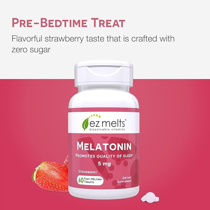 EZ Melts Melatonin - Sleep Support Supplement - No Artificial Flavors - Non-GMO & Sugar-Free - Strawberry - 60 Dissolvable Tablets (60 Servings)
