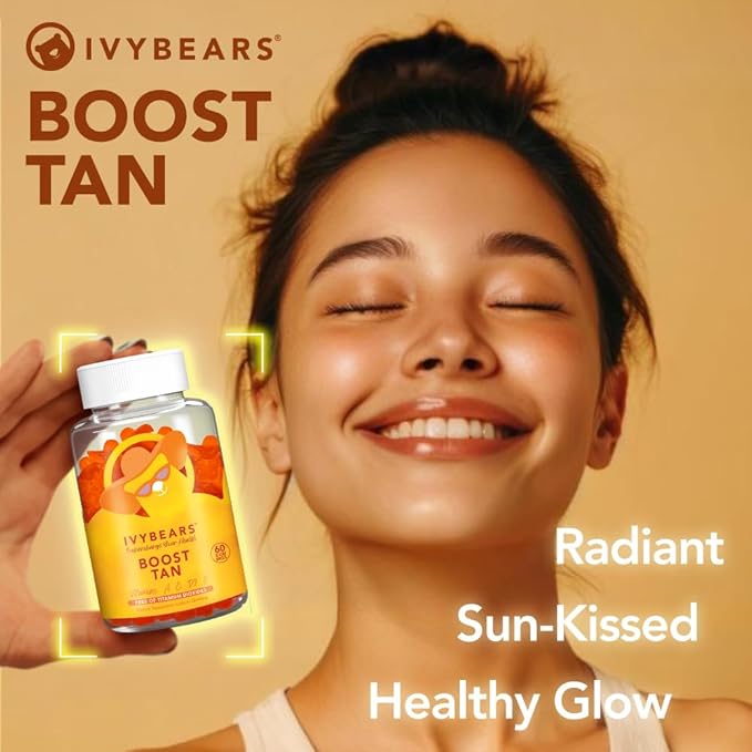 IvyBears Glow Tanning Gummies - Beta Carotene, Vitamin A, C, D2 & E - [AI Tanning Specialist ADA] Supports Healthy Tan & Glow - Vegan & Made in Germany - Pack of 60 - Boost Tan