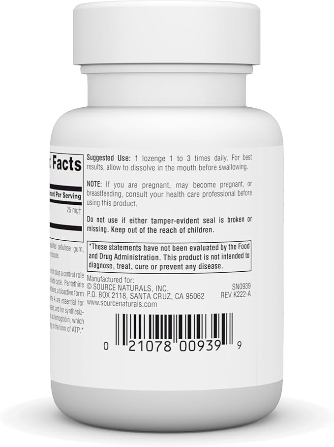 Source Naturals Pantethine B-5 Coenzyme Precursor, 25 mg - 60 Lozenges