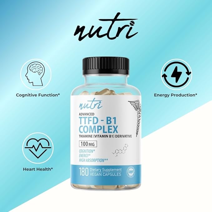 Nutri TTFD Thiamine B1 Supplement - 100mg 180 Servings - Thiamine TTFD Supplement - With 6mg Magnesium - No Toxic Fillers - TTFD Thiamine Tetrahydrofurfuryl Disulfide - Third Party Lab Tested
