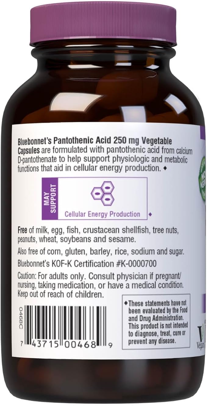 BlueBonnet Nutrition Pantothenic Acid 250 mg Daily Vitamin B5 Supplement for Cellular Energy for Women & Men - Vegan, Gluten-Free, Non-GMO - 60 Vegetable Capsules
