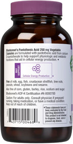 BlueBonnet Nutrition Pantothenic Acid 250 mg Daily Vitamin B5 Supplement for Cellular Energy for Women & Men - Vegan, Gluten-Free, Non-GMO - 60 Vegetable Capsules