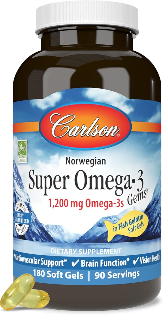 Carlson - Super Omega-3 Gems, 1200 mg Omega-3s, Cardiovascular Support, Brain Function & Vision Health, Norwegian, 180 soft gels