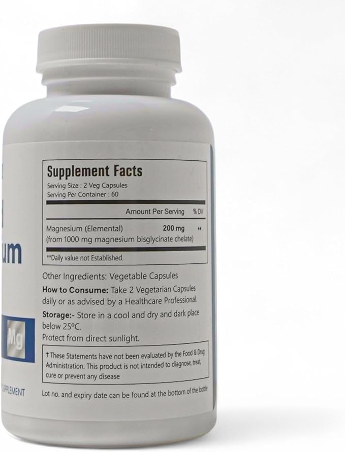 Chelated Magnesium Bisglycinate, 200mg, 120 Vegan Capsules, 60 Servings, Gluten Free, Non-GMO, and Vegetarian Friendly
