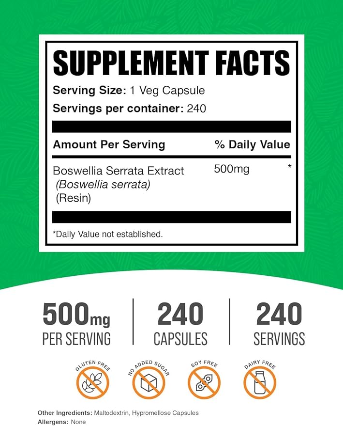 BulkSupplements.com Boswellia Serrata Extract Capsules - Boswellia Serrata Capsules - Boswellia Serrata Supplement, Gluten Free, 1 Capsule per Serving, 240 Veg Capsules (Pack of 1)