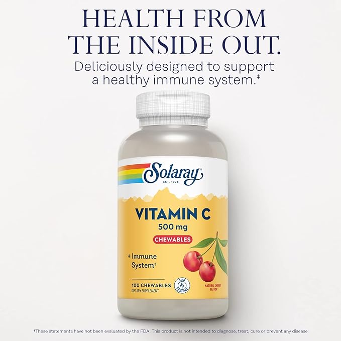 SOLARAY Chewable Vitamin C 500 mg, Natural Cherry Flavor with Natural Sweeteners, Antioxidant and Immune Support Supplement with Whole Food Base, 60-Day Guarantee, 100 Servings, 100 Chewables