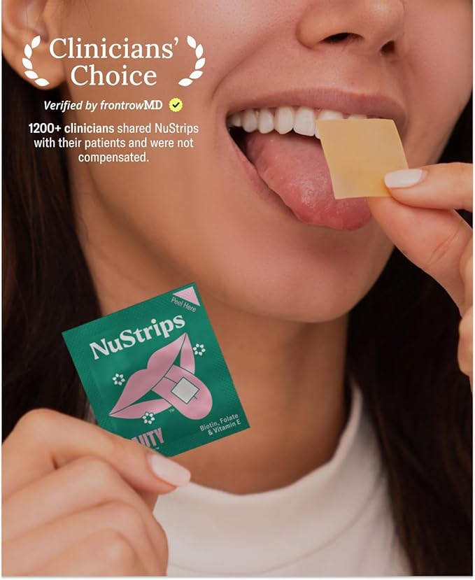 NuStrips™ Fast-Dissolving Beauty Strips with Biotin, Folate & Vitamin E – Hair, Skin & Nails Supplement – Supports Hair Growth & Reduces Hair Fall – Non-GMO, Vegan – Delicious Strawberry (30 Strips)