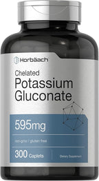 Horbäach Chelated Potassium Gluconate Supplement | 595 mg | 300 Caplets | Vegetarian, Non-GMO, Gluten Free