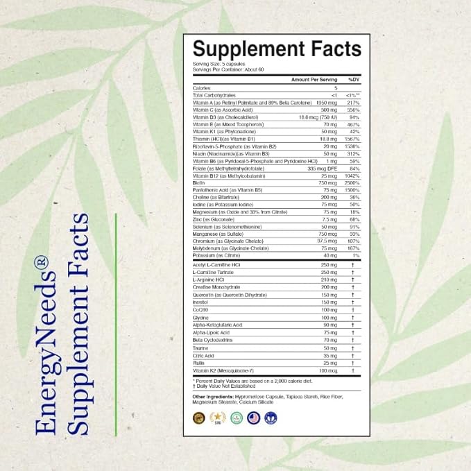 EnergyNeeds® 40 Active Ingredients Vitamin D, Vitamin B12, zinc, beta-Carotene