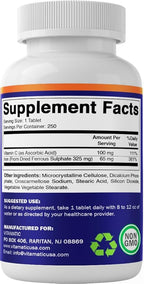 Vitamatic Ferrous Sulfate 325 mg with Vitamin C 100 mg (65 mg Elemental Iron) – High Potency Iron Supplement – No Artificial Colors – 250 Coated Tablets, Made in USA