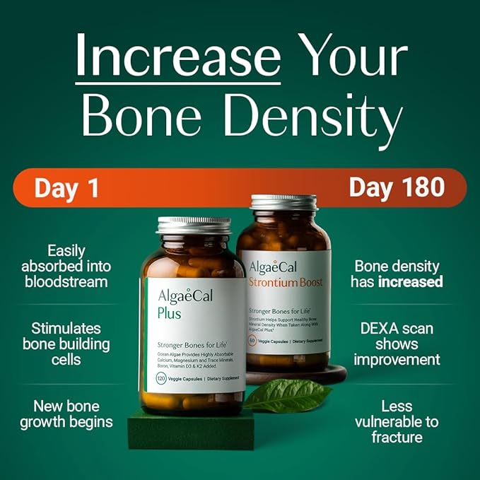 ALGAECAL Bone Builder Pack - Plant Based Calcium Supplement & Strontium - Organic Calcium 750mg with Vitamin D3 1600 IU, Vitamin K2, Magnesium, 16 Nutrients for Bone Health & Density (1-Month Supply)