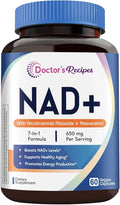 Doctor's Recipes NAD Supplement, Nicotinamide Riboside, Resveratrol, NMN Alternative for Anti-Aging, w/Magnesium Glycinate & L-Tryptophan, 650mg Per Serving, Energy & Mood Boost, 60 Vegan Capsules