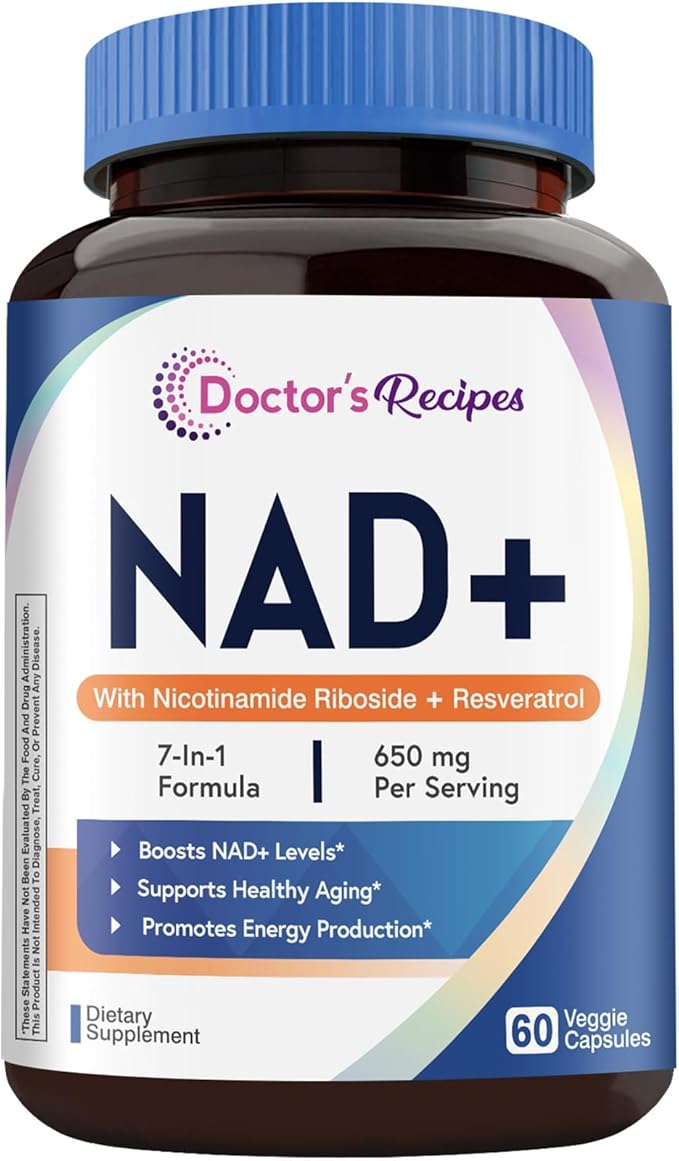 Doctor's Recipes NAD Supplement, Nicotinamide Riboside, Resveratrol, NMN Alternative for Anti-Aging, w/Magnesium Glycinate & L-Tryptophan, 650mg Per Serving, Energy & Mood Boost, 60 Vegan Capsules