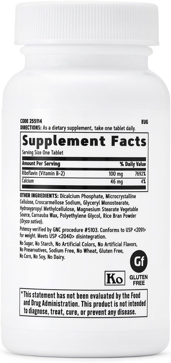 GNC Vitamin B2 100mg Supplement, Essential for Metabolism of Fats, Carbohydrates and Proteins, 100 Servings