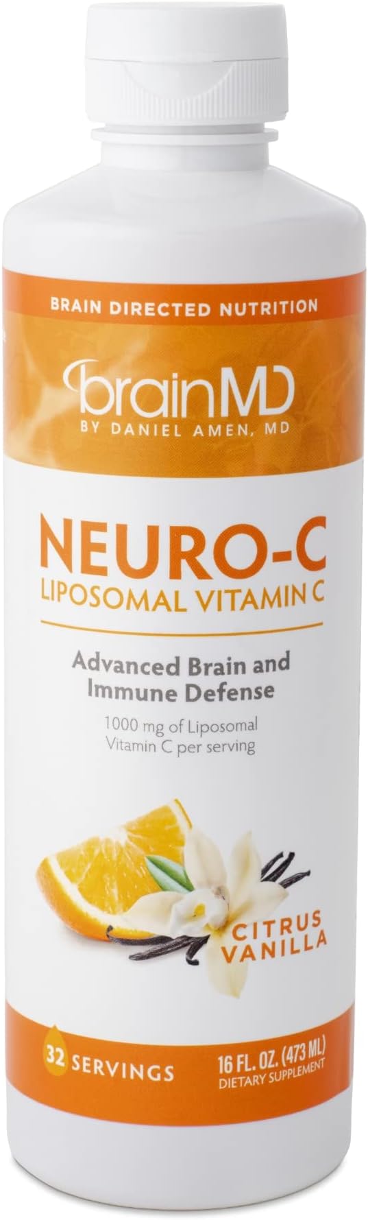 BRAINMD Dr Amen Neuro-C, Citrus Vanilla - 16 fl oz - 1000 mg Liposomal Vitamin C - Advanced Brain & Immune Defense - Gluten Free - 32 Servings