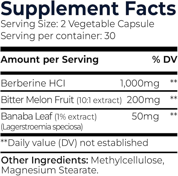 Berberine 1000 mg with Bitter Melon and Banaba Leaf – Herbal Supplement, 60 Capsules