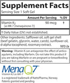 Carlson - Vitamin K2 MK-7 (Menaquinone), 90 mcg, Bone Support, Calcium Bioavailability, K2 Vitamin, Vitamin K-2, 120 Softgels