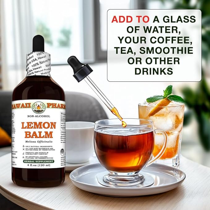 Hawaii Pharm Lemon Balm Alcohol-Free Extract, Glycerite for Relaxation, Supports Restful Sleep, Promotes Mental Clarity and Cognitive Function, Eases Digestive Discomfort - 4 fl.oz