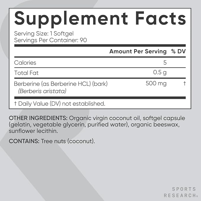Sports Research Berberine Supplement with Coconut Oil - Herbal & Ayurvedic Metabolic Health Support - Berberine 500mg, 90 Softgels - Gluten-Free, Non-GMO Berberine Powder (Pack of 2)