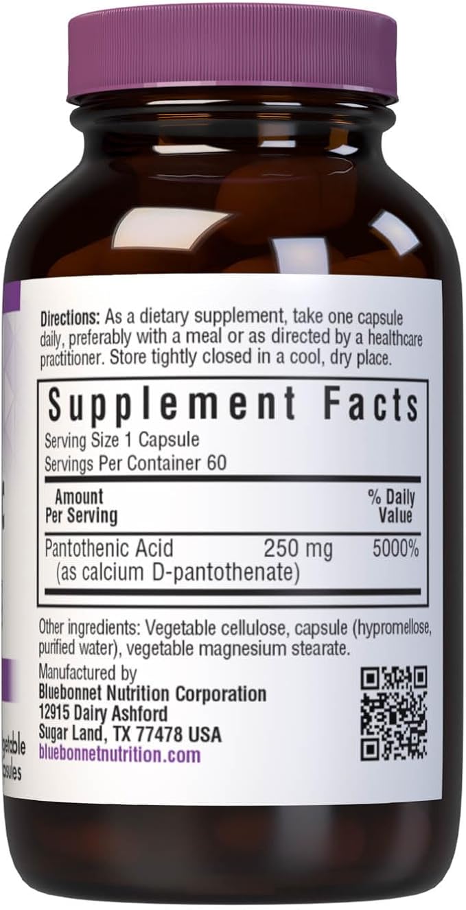 BlueBonnet Nutrition Pantothenic Acid 250 mg Daily Vitamin B5 Supplement for Cellular Energy for Women & Men - Vegan, Gluten-Free, Non-GMO - 60 Vegetable Capsules