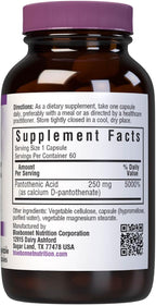 BlueBonnet Nutrition Pantothenic Acid 250 mg Daily Vitamin B5 Supplement for Cellular Energy for Women & Men - Vegan, Gluten-Free, Non-GMO - 60 Vegetable Capsules