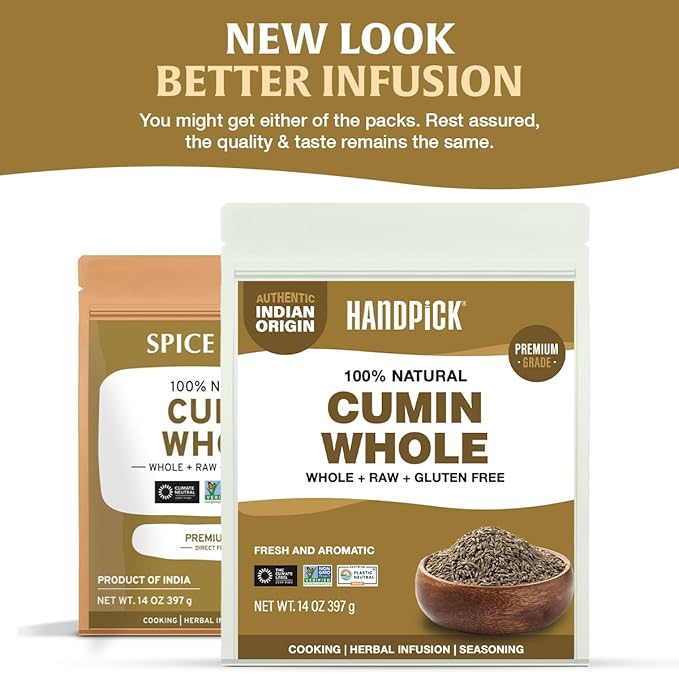 HANDPICK Cumin Seeds (397g/14oz) Non GMO, Gluten Free, 100% Raw, Sourced from India, Excellent Flavor, Aromatic, For Tempering, Spice Blends and Seasonings, Packed in Resealable Ziplock Pouch