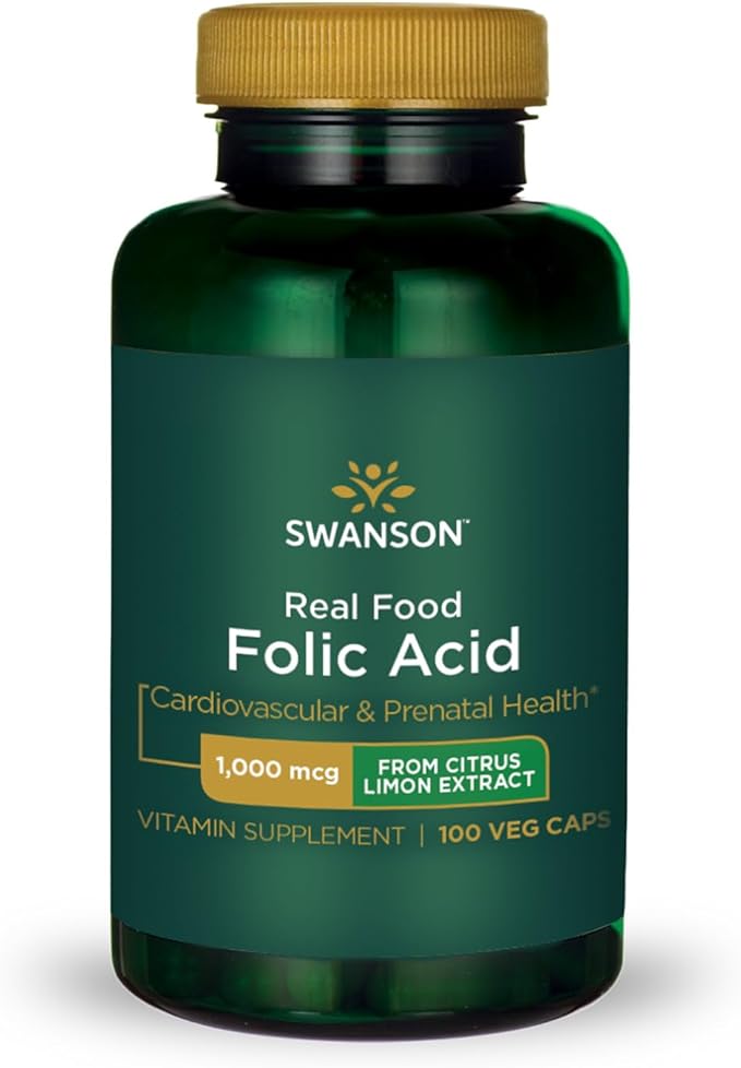Swanson Real Food Folic Acid Folate Vitamin B-9 Cardiovascular Prenatal Health from Citrus Limon Extract Vegan Gluten-Free Non-GMO B9 1000 mcg 100 Veggie Capsules (Caps)
