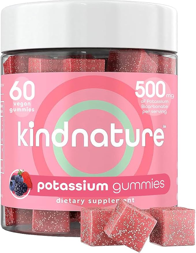 KINDNATURE High Potassium Gummies 500mg for Leg Cramps & Electrolyte Support - Chewable Pure Potassium Bicarbonate Supplement - Adults & Kids - Vegan, Non GMO - 60 Gummies (30 Day Supply)