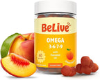 BeLive Organic Omega 3 Gummies - 60 Ct I Vegan Omegas 3 6 7 & 9 from Flaxseed Oil & Sea Buckthorn Fruit Oil, for Kids & Adults, Full Body, Brain & Eye Support, Sugar Free – Peach Flavor