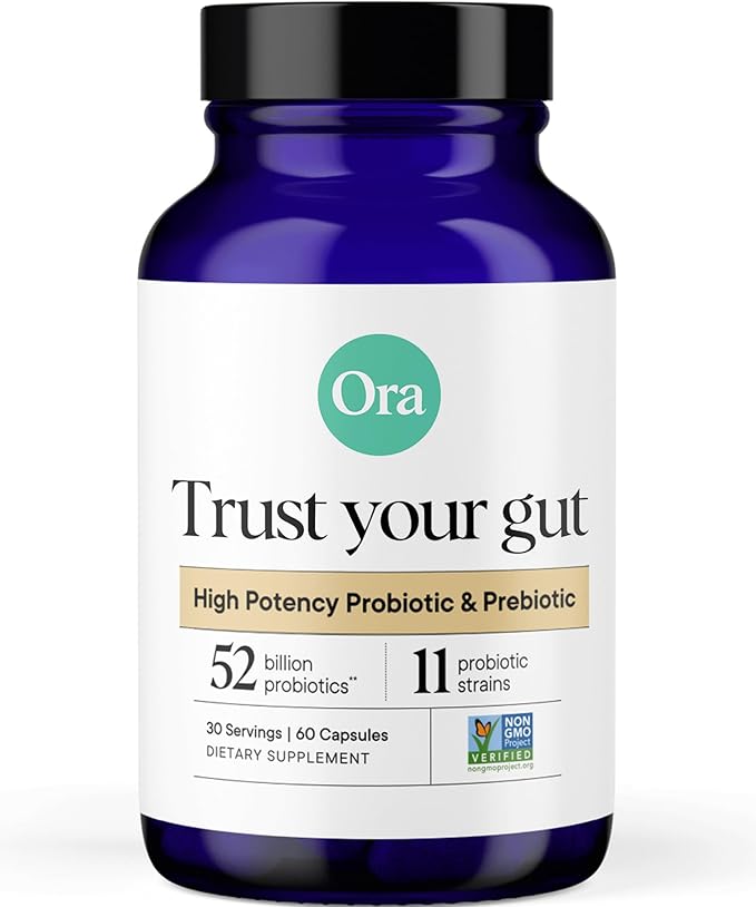 Ora Organic Probiotics with Prebiotics - 52 Billion CFU 11 Clinically Studied Strains for Digestive Health, Trust Your Gut, Gluten Free, 60 Capsules