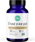 Ora Organic Probiotics with Prebiotics - 52 Billion CFU 11 Clinically Studied Strains for Digestive Health, Trust Your Gut, Gluten Free, 60 Capsules