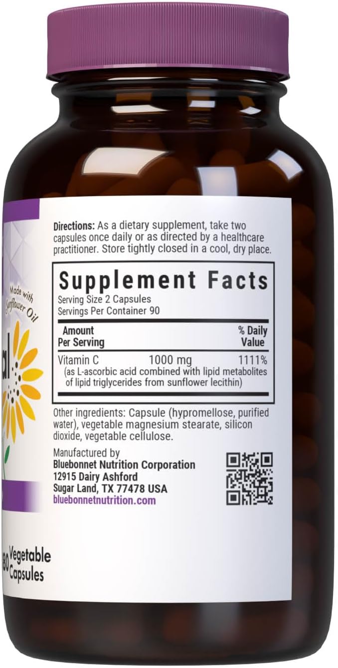 BlueBonnet Nutrition Liposomal Vitamin C 1000 mg, Made with Sunflower Oil, Immune & Joint Comfort*, Vegan, Kosher, Non-GMO, Gluten-Free, Soy-Free Milk-Free, 180 Vegetable Capsules, 90 Servings