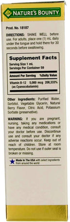 Nature's Bounty B-12 5000 mcg Sublingual Liquid Energy Health 2 oz (Pack of 2)