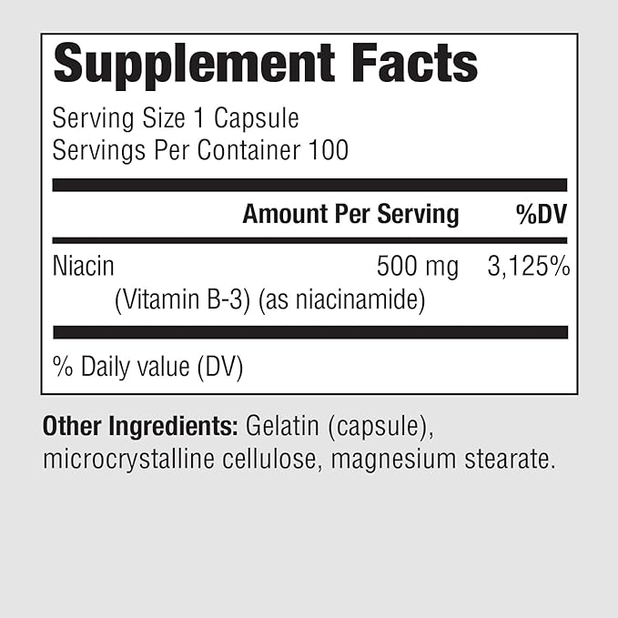 PureFormulas Niacinamide 500 mg - 100 Capsules, High Potency Vitamin B3 Supplement Flush Free, Supports Skin Health, Energy Production & Cellular Function, Non Flushing Form of Niacin