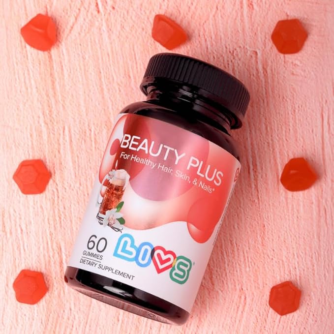 LIVS Beauty Plus Gummy Vitamins - Biotin Gummies for Hair, Skin and Nails | Natural, Gluten-Free, Non-GMO Beauty Supplement with Vitamins A, C, E, B12, D2, Zinc & More - Cream Soda Flavor - 120 Ct
