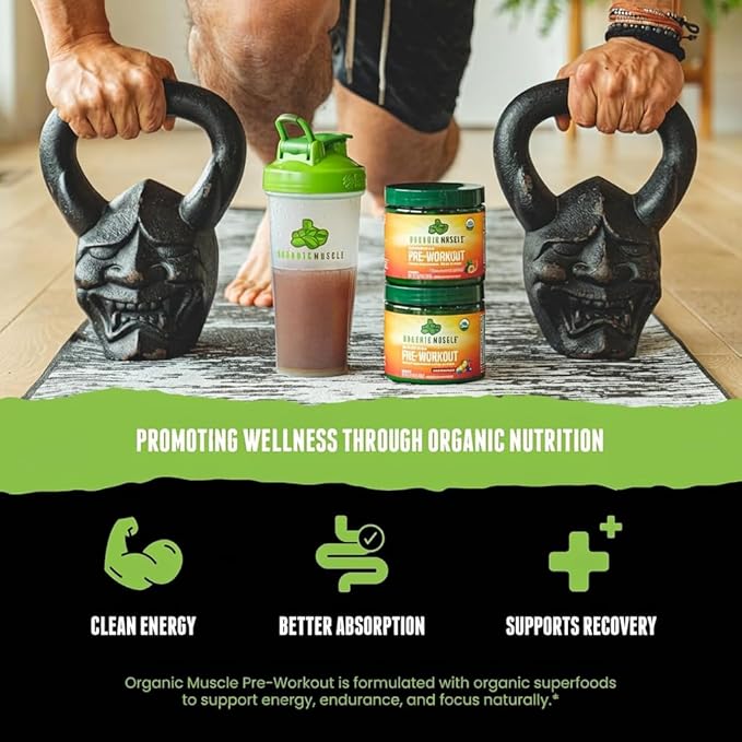 Organic Muscle Organic Pre Workout Powder, Strawberry Mango — USDA Organic Superfood Blend | Maca, Beet Root, Cordyceps, Rhodiola | 150mg Natural Caffeine, Vegan, No Jitters, 20 Servings